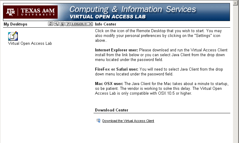 My Desktop window for the Java Client