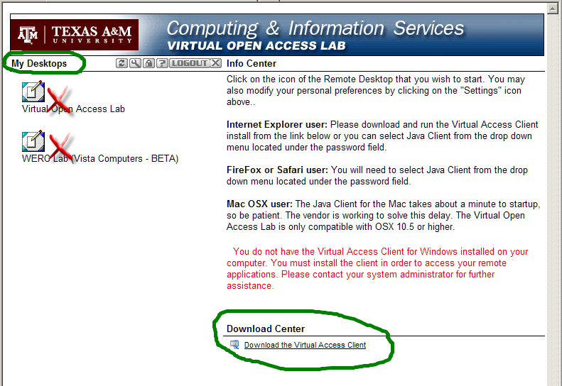 My Desktop window for the Windows Client