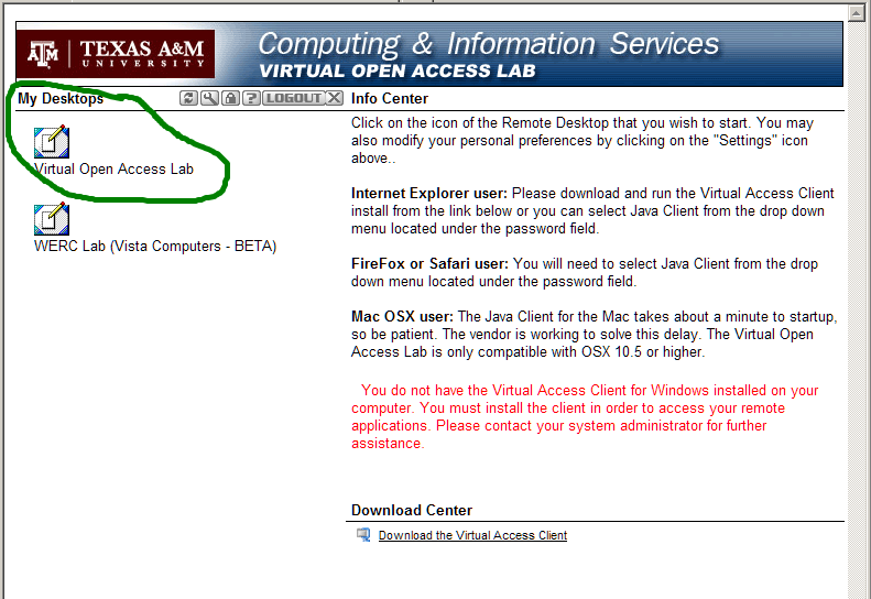 My Desktop window for the Windows Client